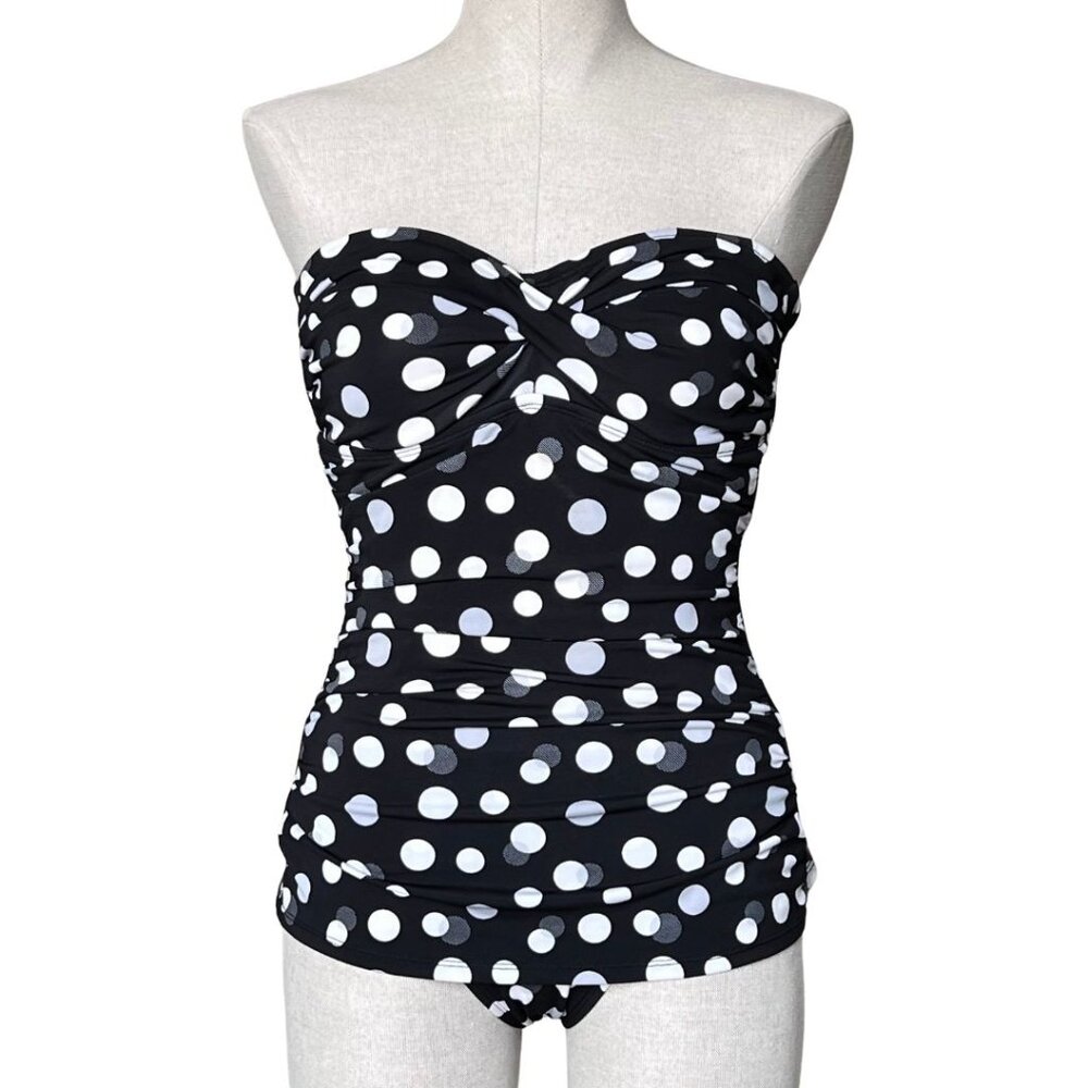 Jantzen Retro Polka Dot Bandeau Ruched Bodice One Piece Swimsuit Size 10